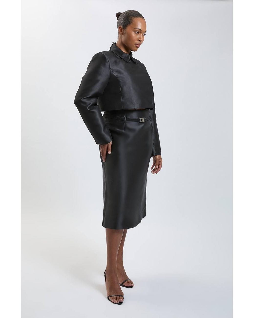 Karen Millen Black Plus Size Forever Satin Twill Cropped Wrap Tailored Jacket