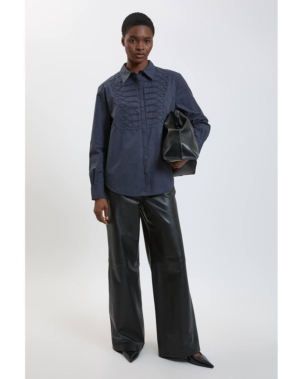 Karen Millen Blue Military Stitch Detail Cotton Poplin Shirt