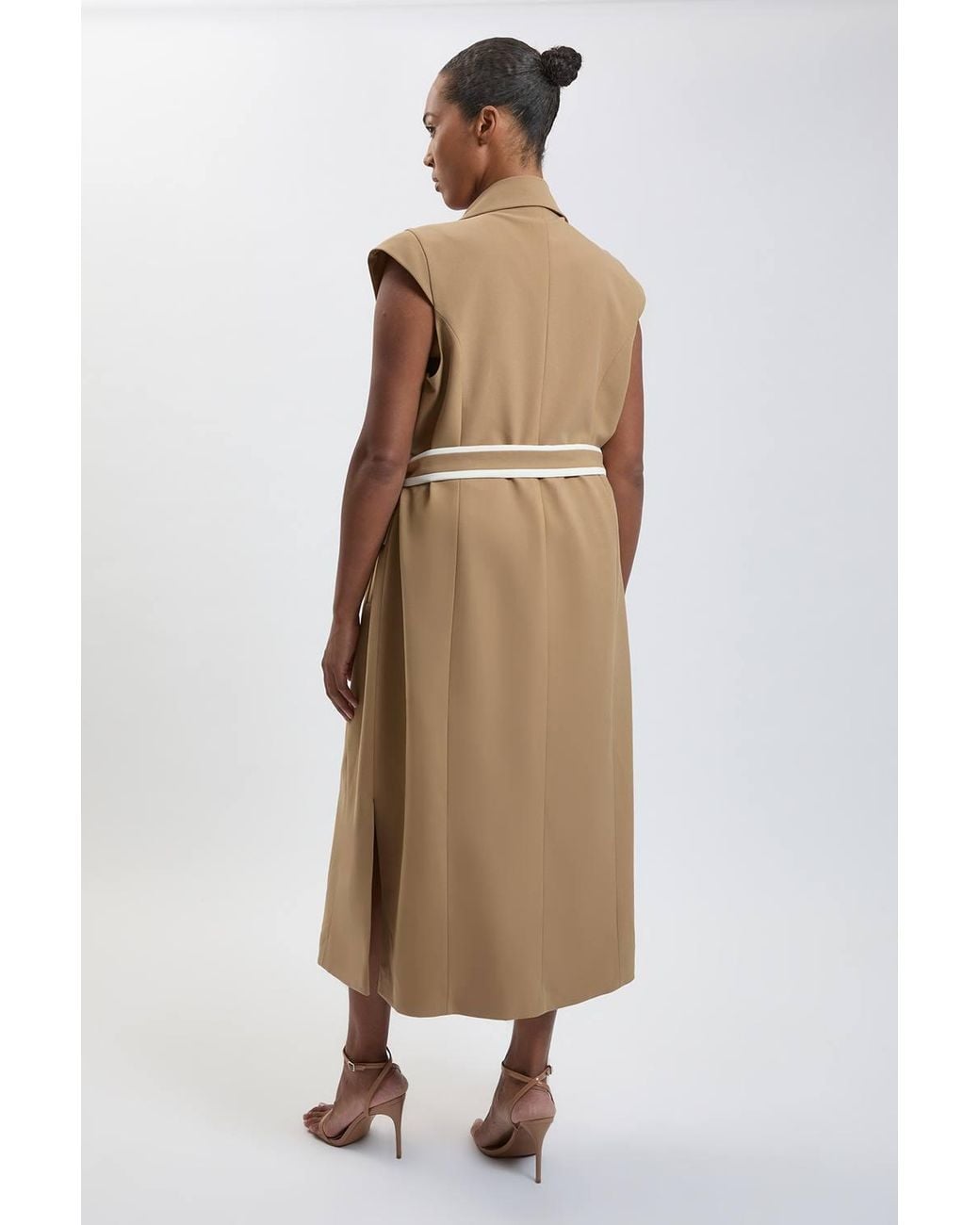 Karen Millen Natural Plus Size Double Breasted Belted Tipped Tailored Midi Dress