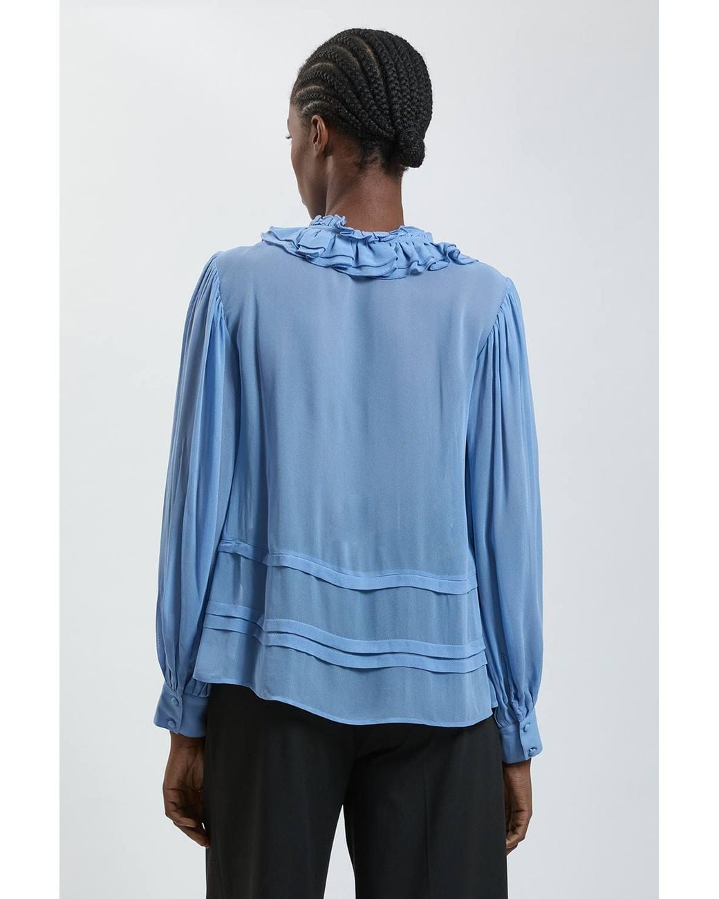 Karen Millen Blue Viscose Georgette Frill Neck Blouse