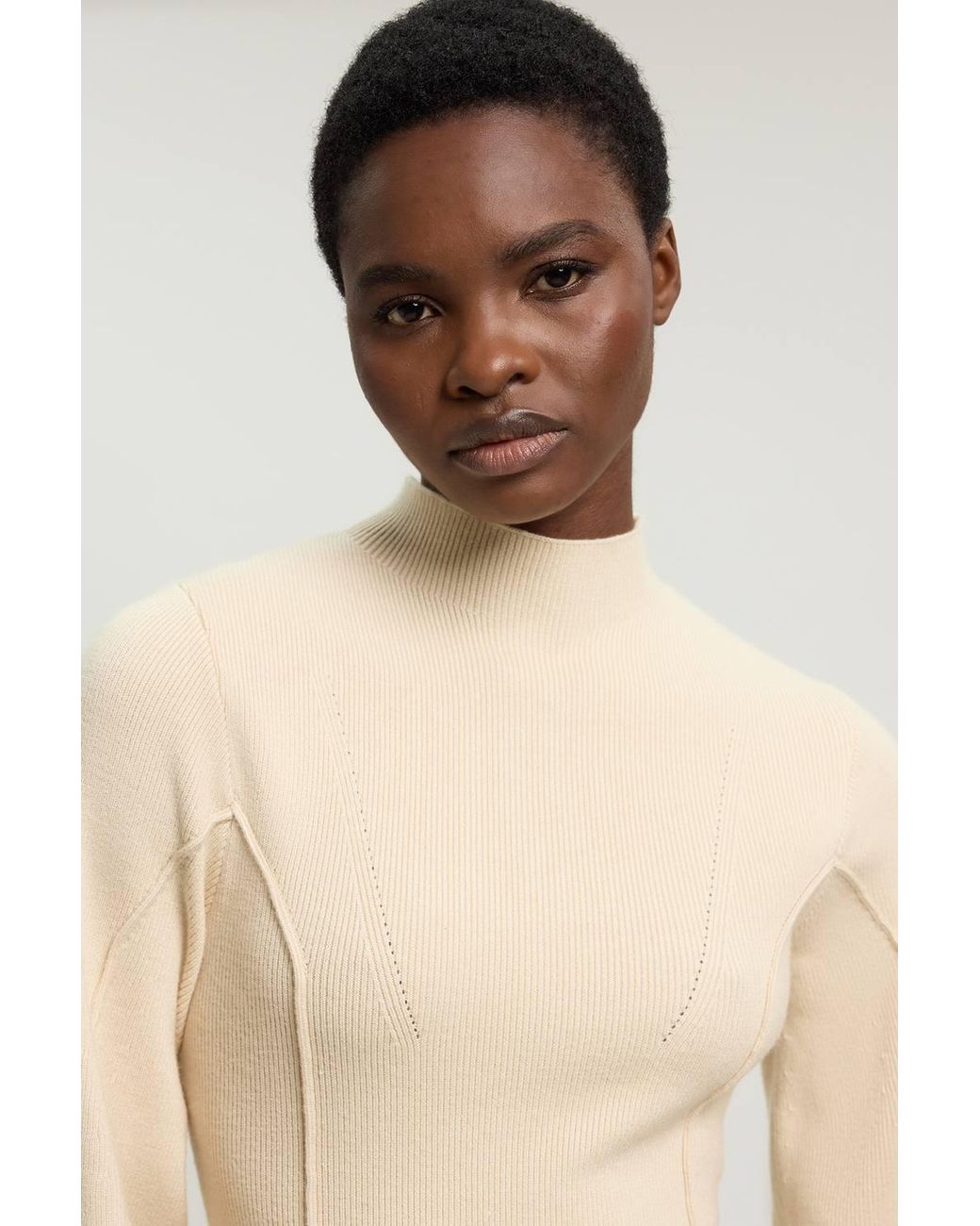 Karen Millen Natural Wool Look Rounded Sleeve High Neck Knit Midi Dress