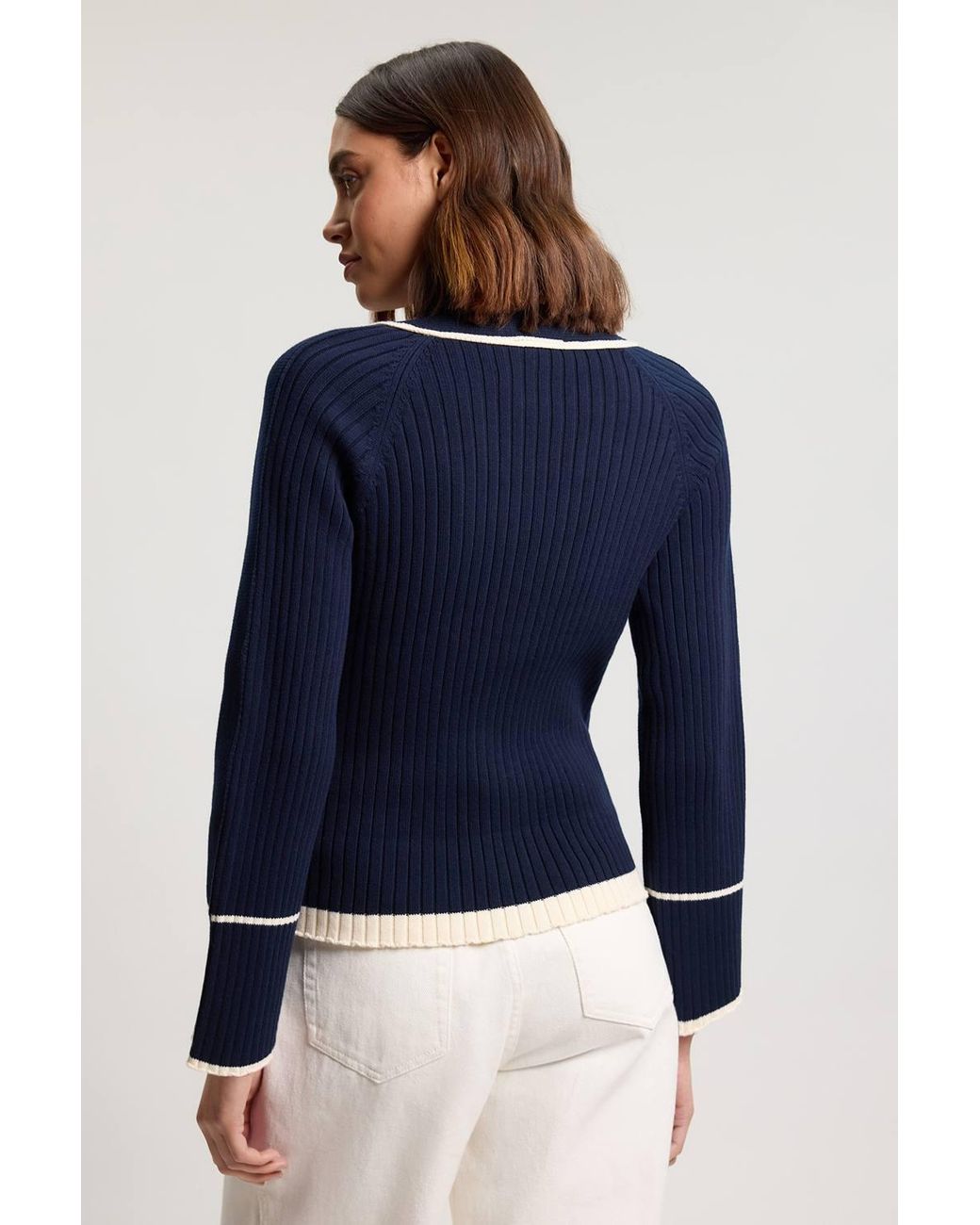Karen Millen Blue Knit Cotton Contrast Tipped Cardigan Sweater