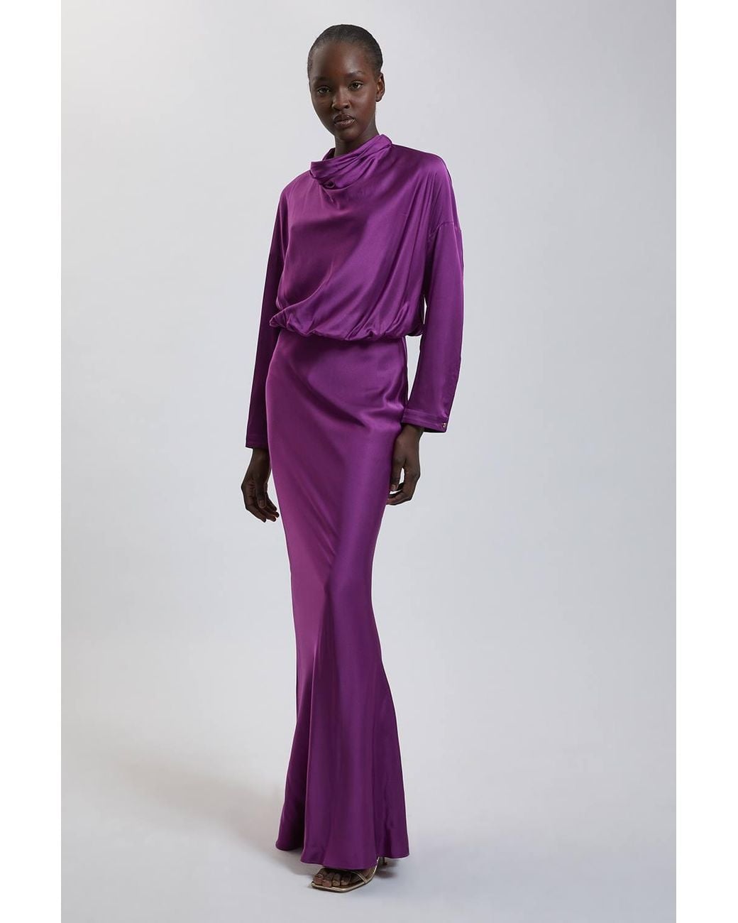 Karen Millen Purple Viscose Satin Cowl Neck Midi Dress