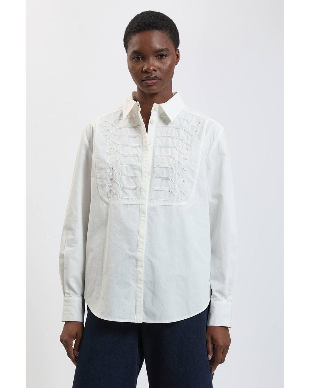 Karen Millen Blue Military Stitch Detail Cotton Poplin Shirt