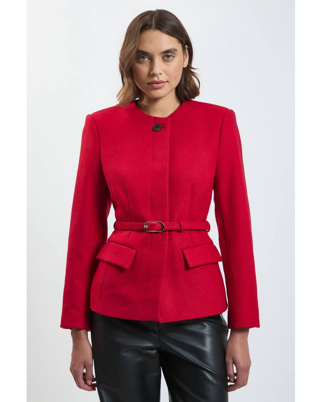 Karen Millen Wool Blend Belted Collarless Tailored Coat