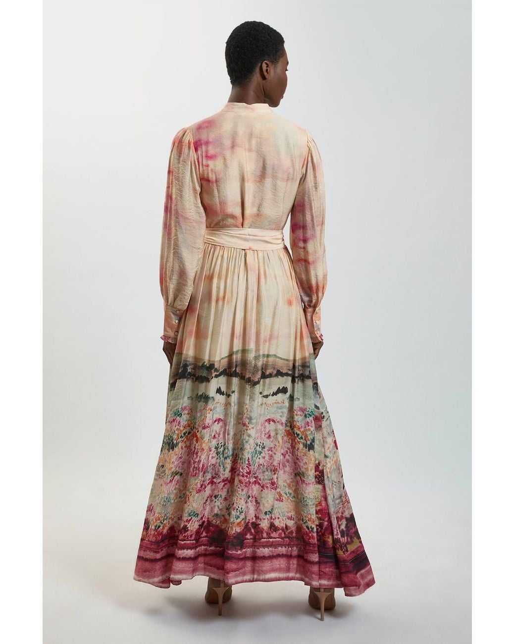 Karen Millen Multicolor Scenic Fluid Organza Belted Shirt Dress