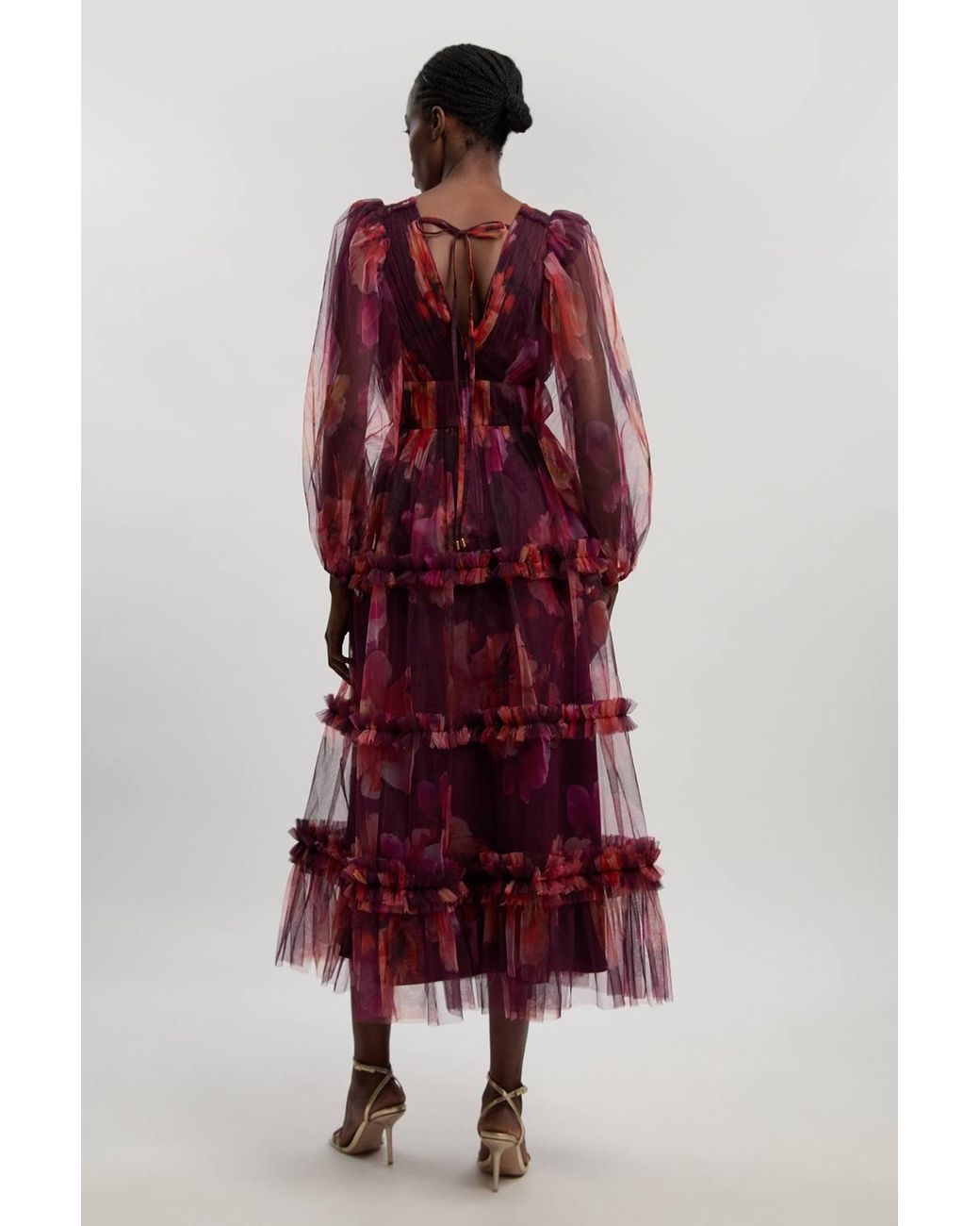 Karen Millen Red Floral Tulle Balloon Sleeve Plunge Woven Maxi Dress