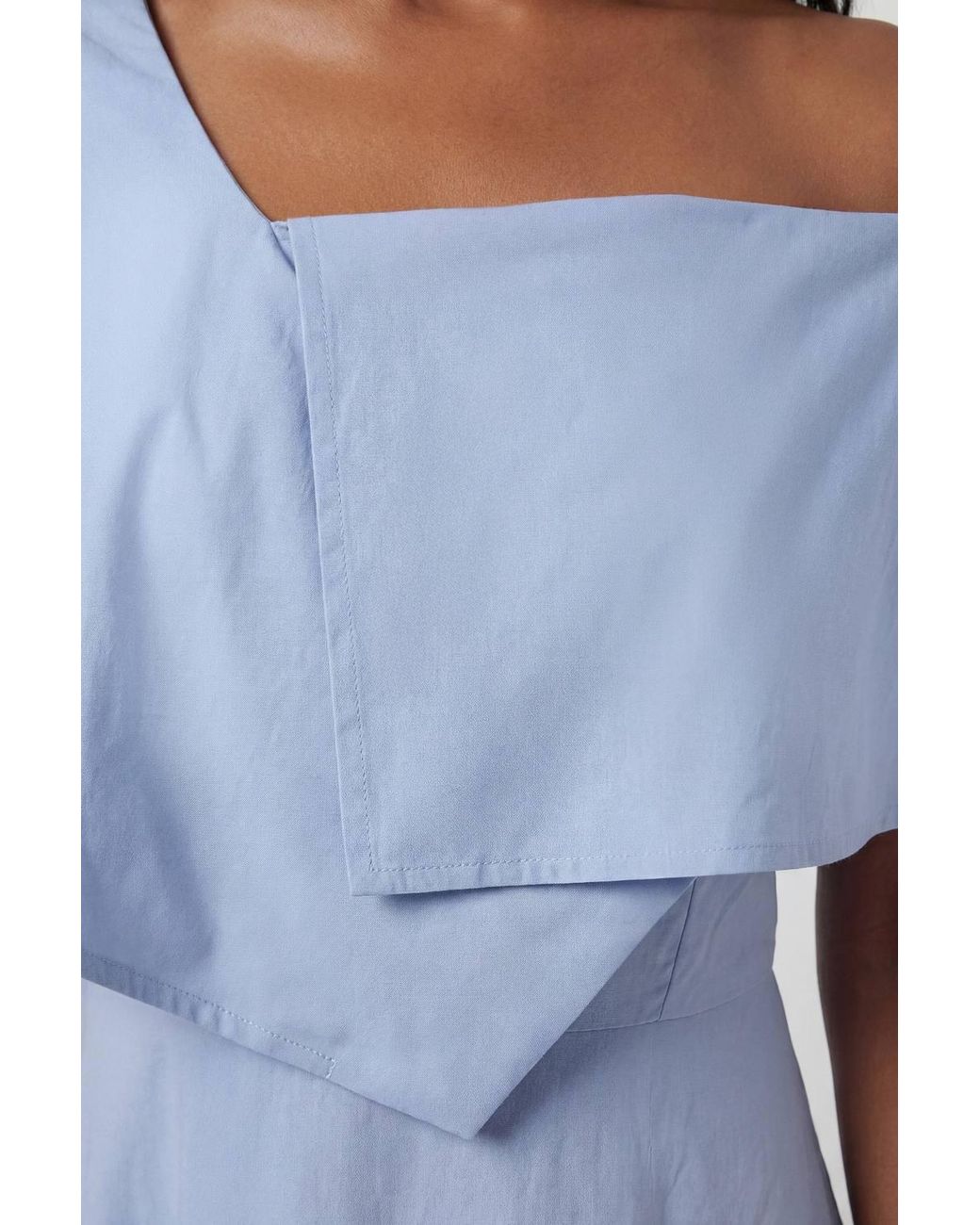 Karen Millen Blue Petite Premium Viscose Linen Tailored Asymmetric Neck Full Skirted Midi Dress