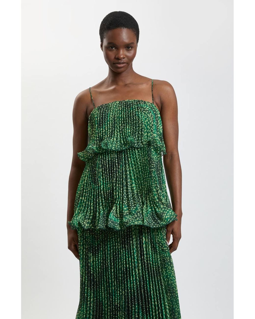 Karen Millen Green Petite Spot Print Pleated Slub Organdie Peplum Woven Maxi Dress