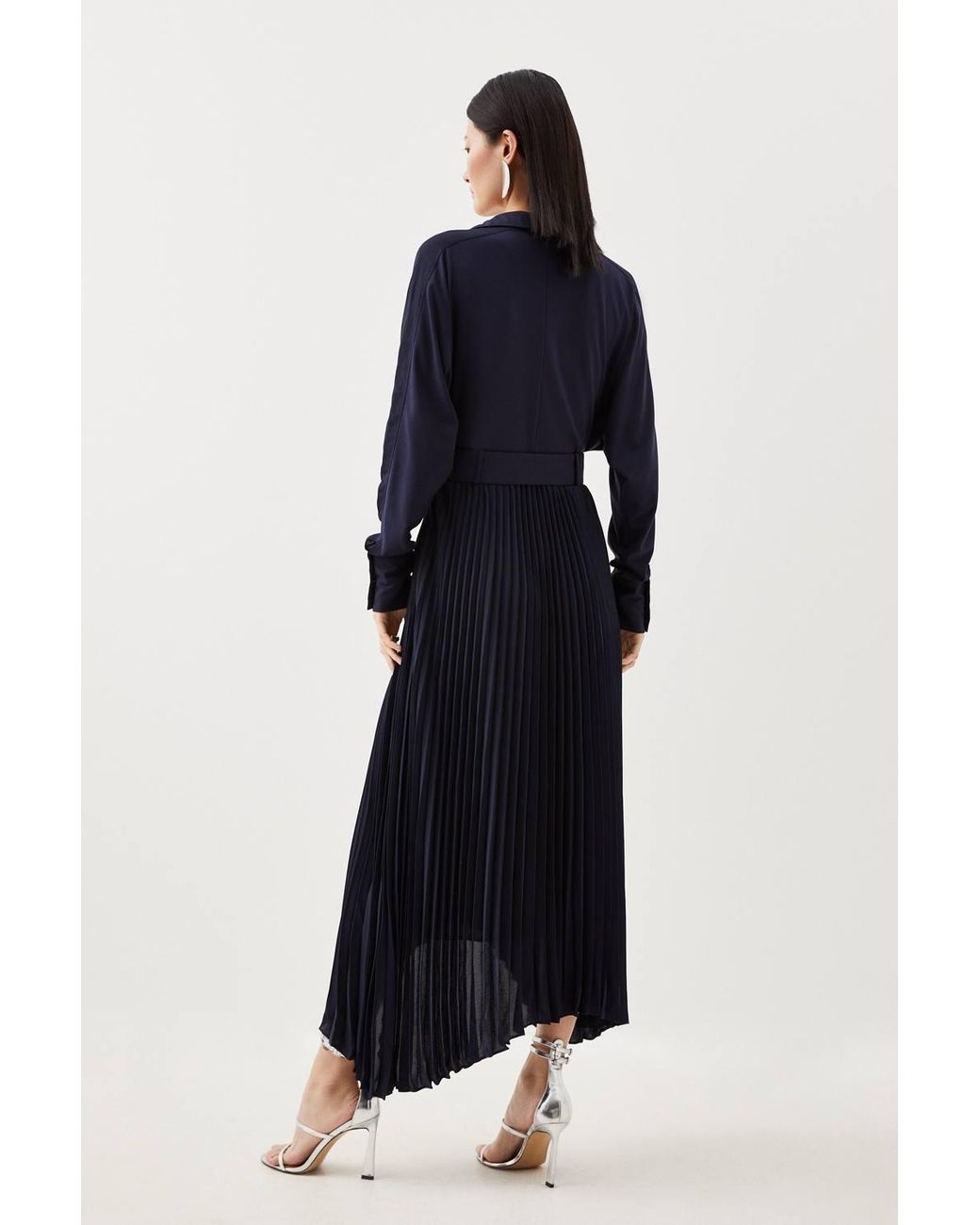 Karen Millen Blue Petite Jersey And Georgette Mix Belted Pleat Midi Dress