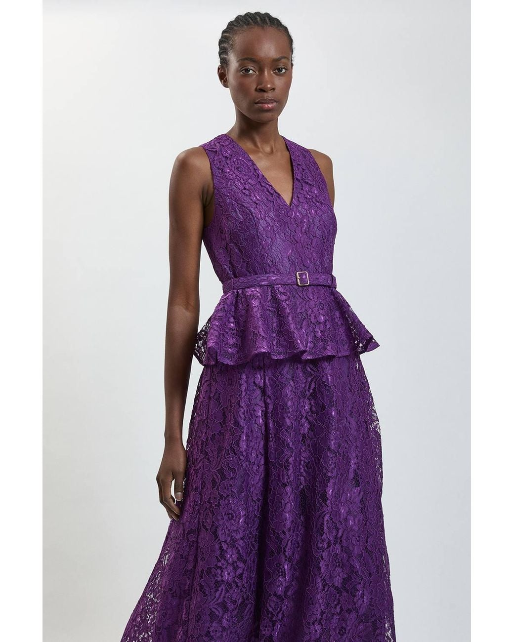 Karen Millen Purple Peplum Detail Belted Lace Midi Dress