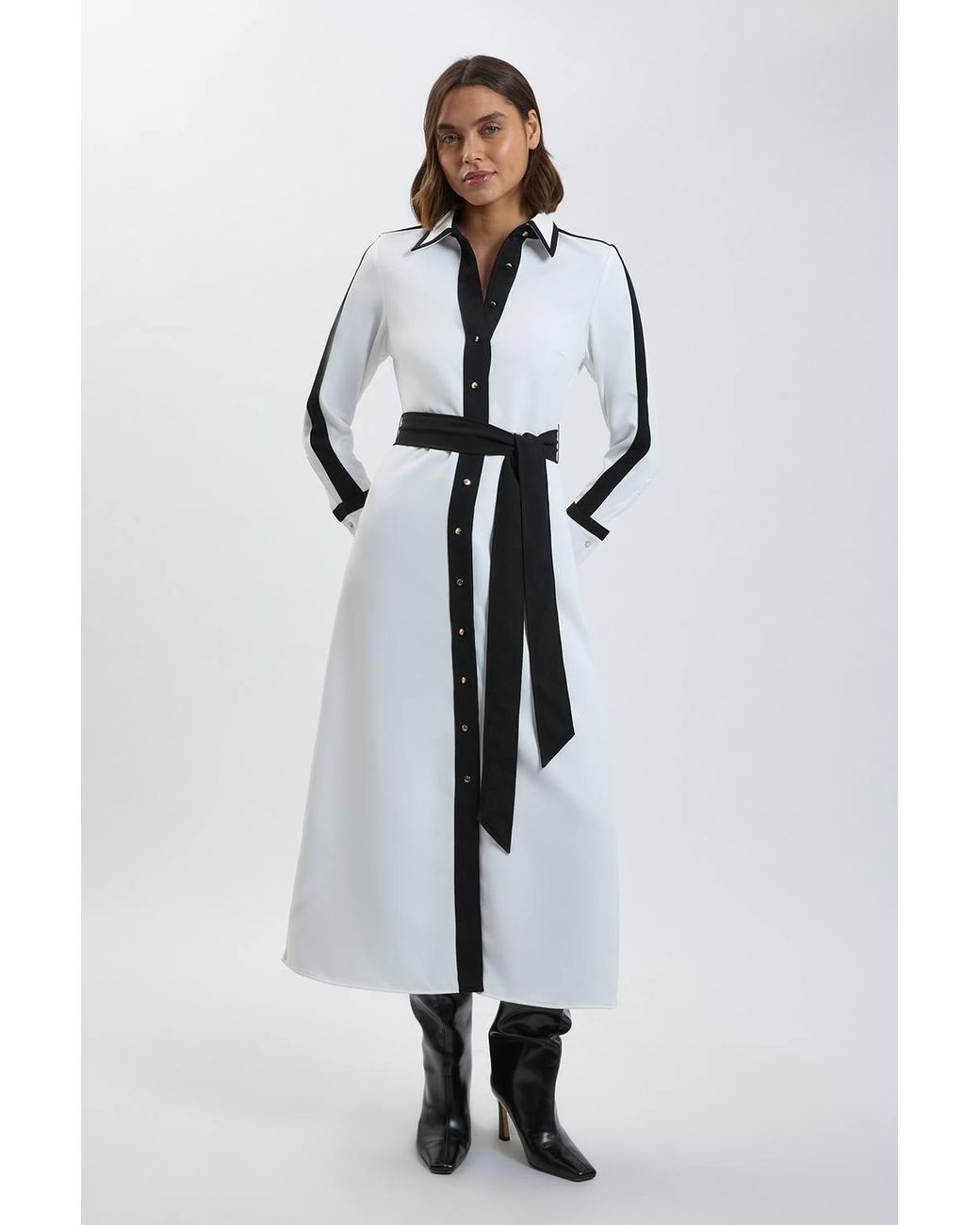 Karen Millen White Forever Colour Block Twill Woven Belted Midi Shirt Dress