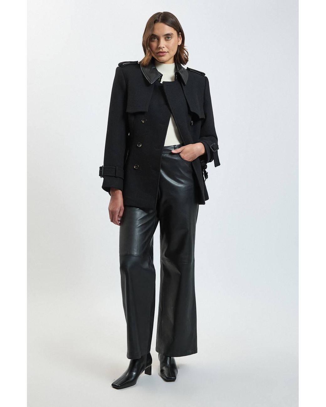 Karen Millen Black Wool & Faux Leather Detail Short Pea Coat