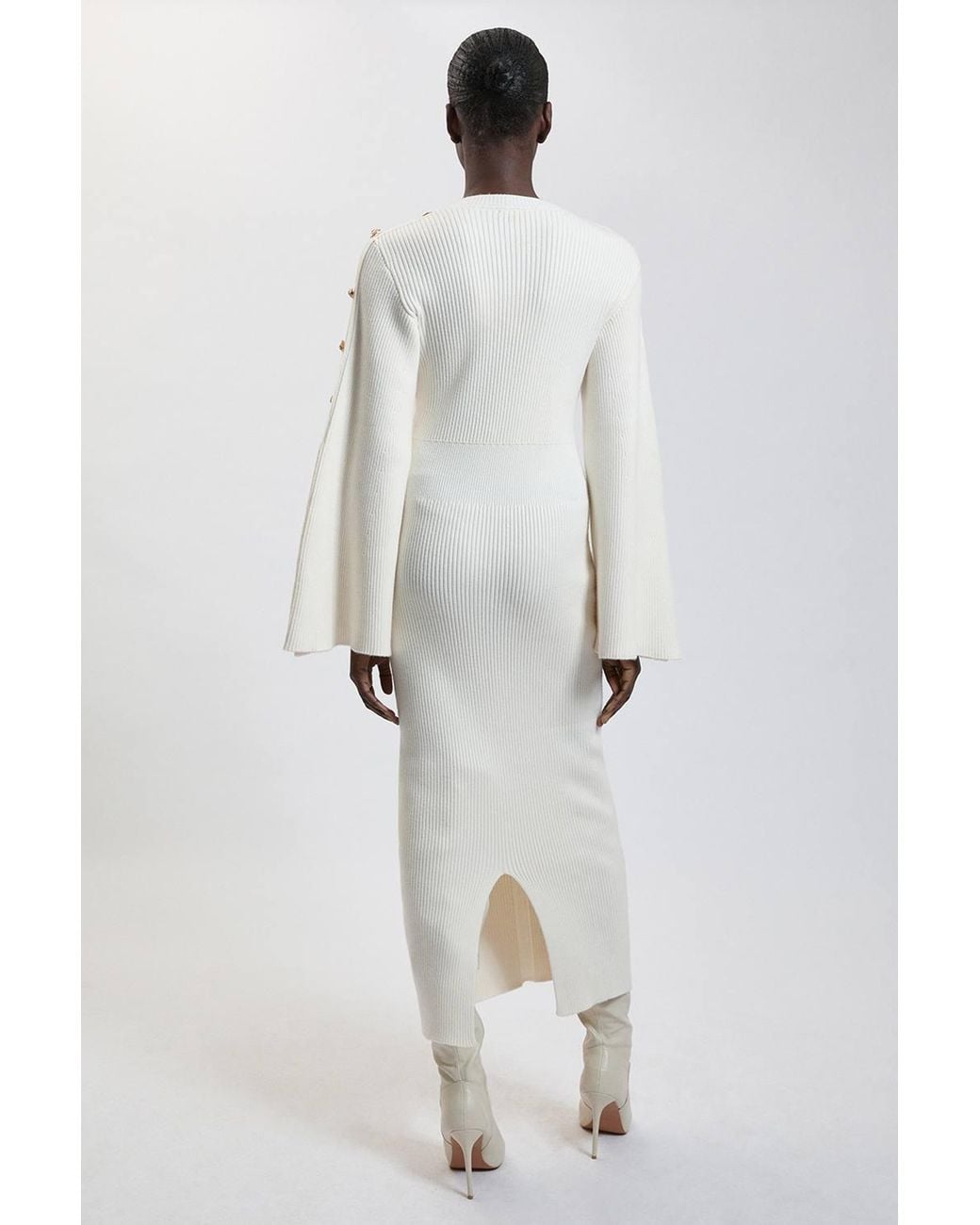 Karen Millen White Military Button Up Sleeved Knitted Midi Dress