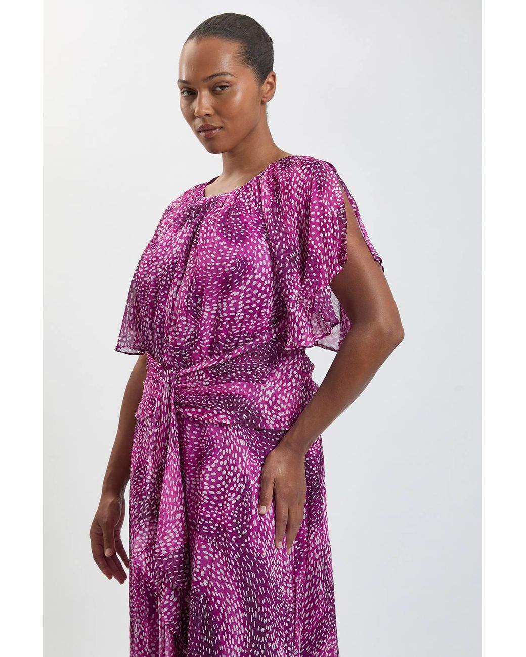 Karen Millen Purple Plus Size Spot Print Viscose Georgette Cape Sleeve Ruffle Woven Maxi Dress