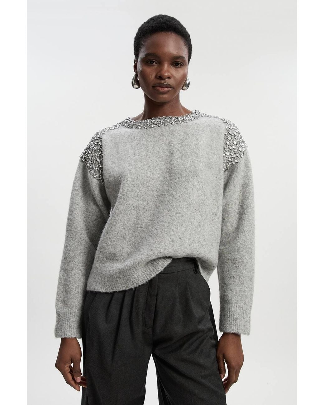 Karen Millen Gray Embellished Trim Cosy Knit Jumper
