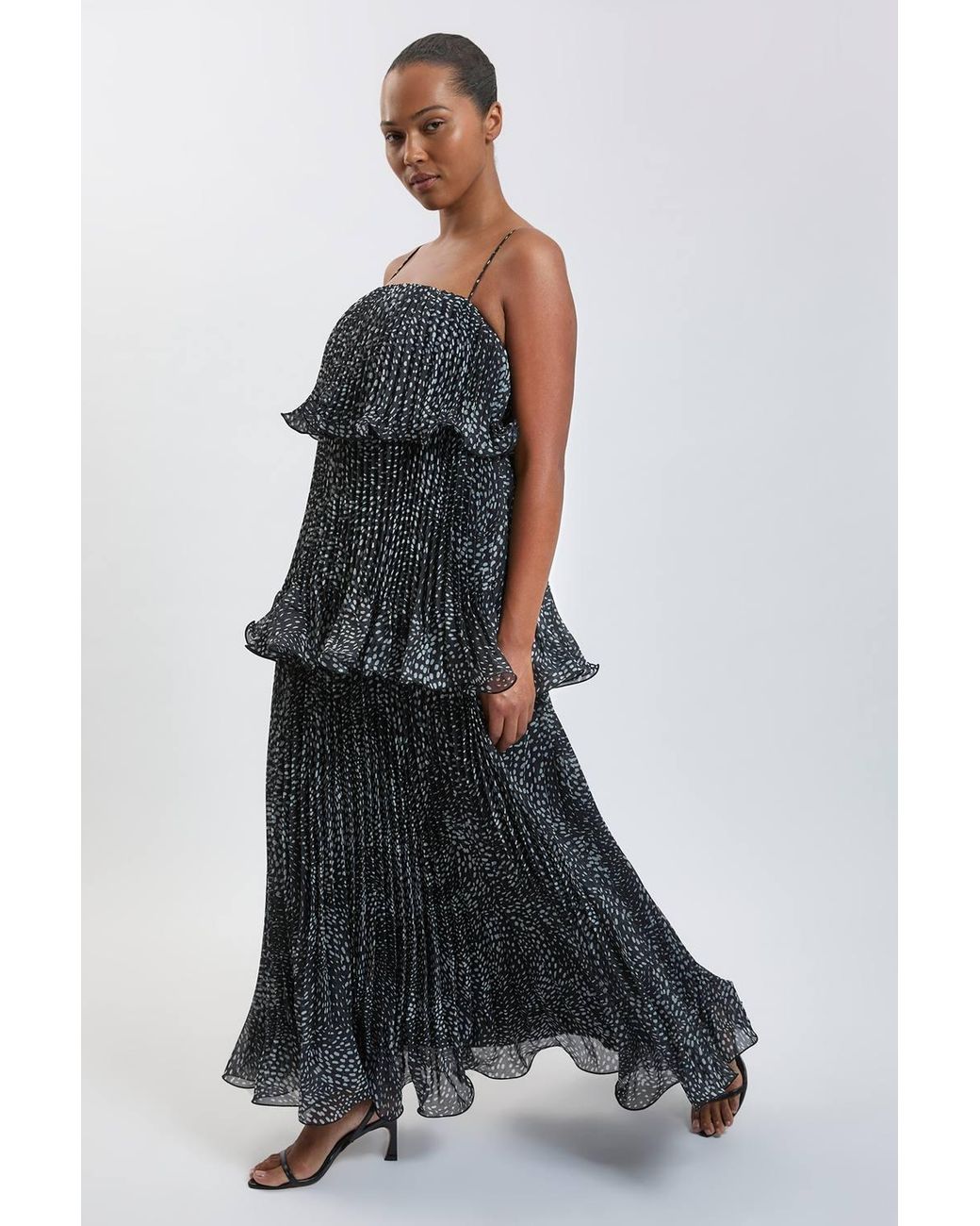 Karen Millen Black Plus Size Spot Print Pleated Slub Organdie Peplum Woven Maxi Dress