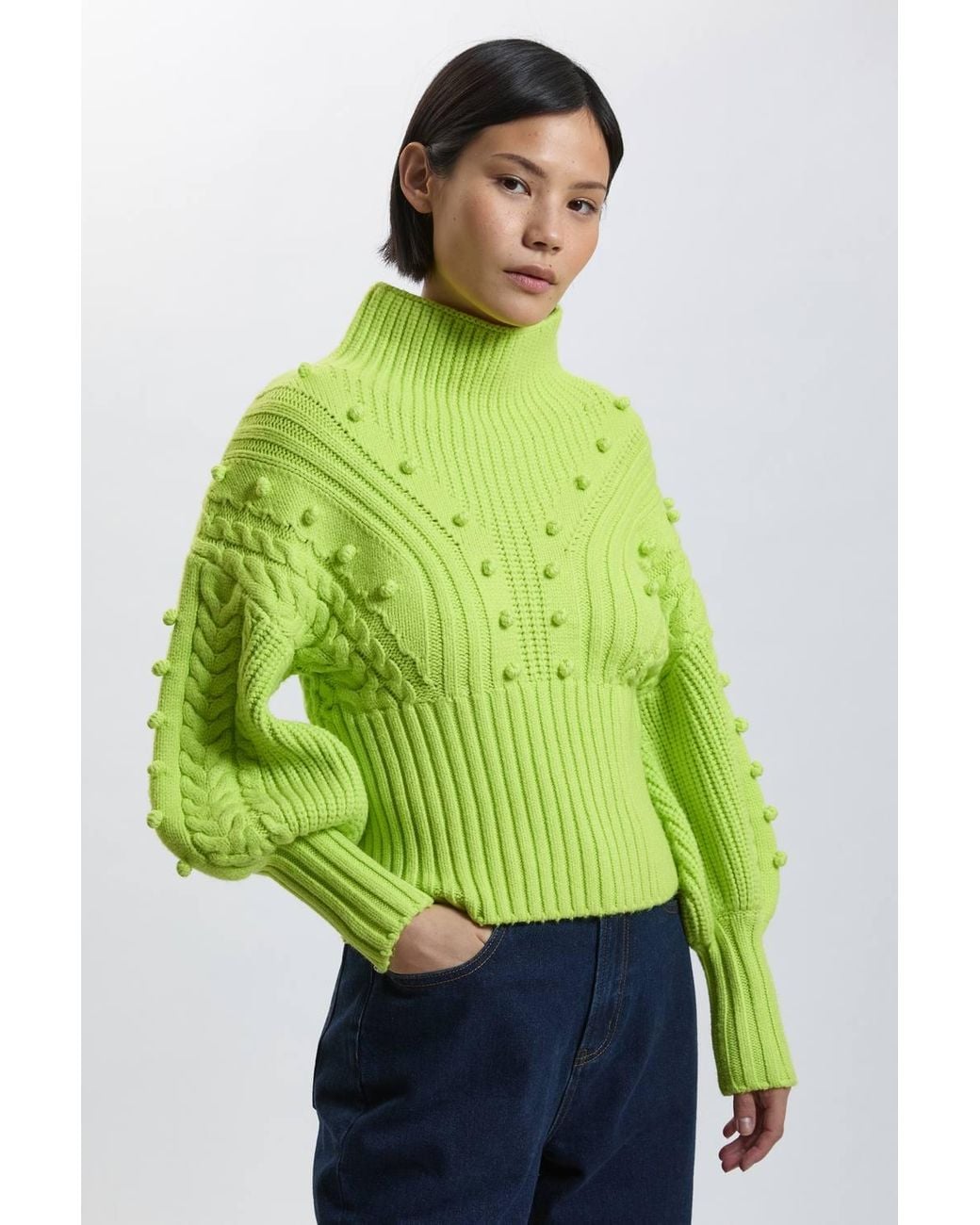 Karen Millen Green Petite Bobble Detail Balloon Sleeve Cable Knit Viscose Blend Jumper