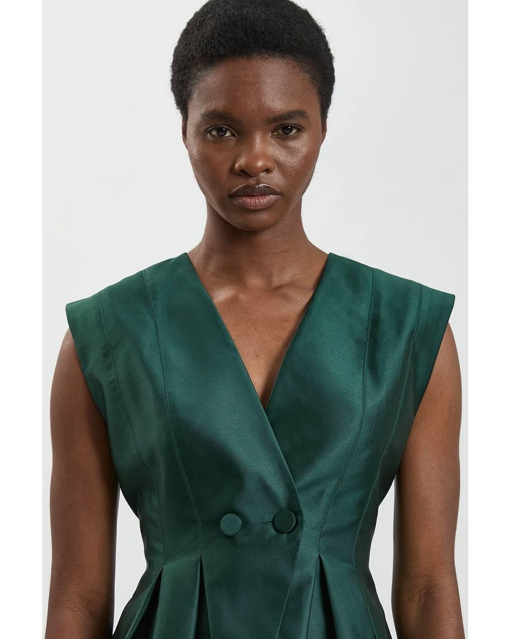 Karen Millen Green Structured Satin Peplum Midi Dress