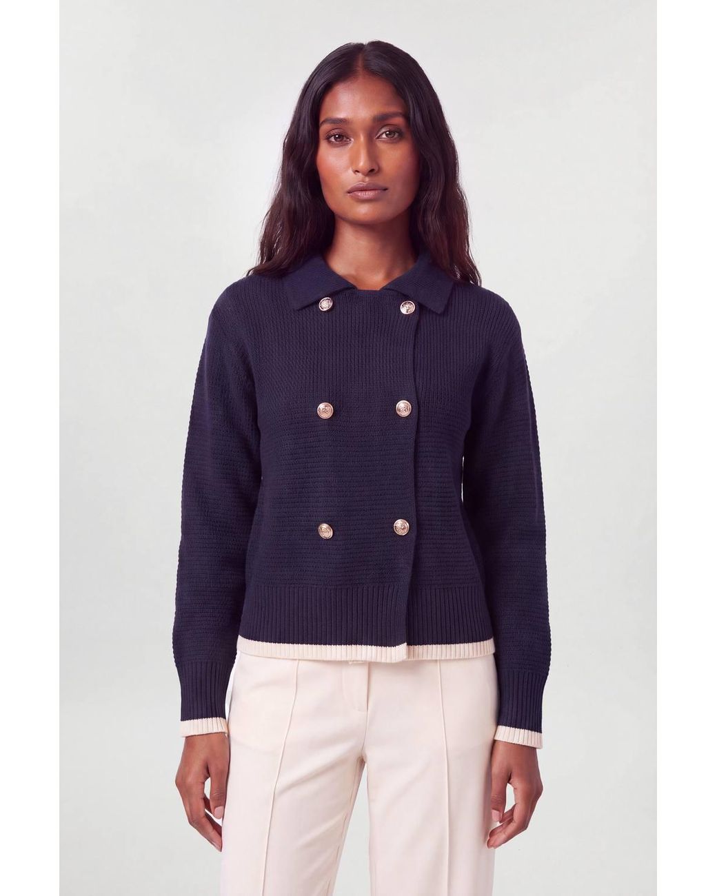 Karen Millen Blue Cotton Button Detail Knit Boxy Cardigan Sweater