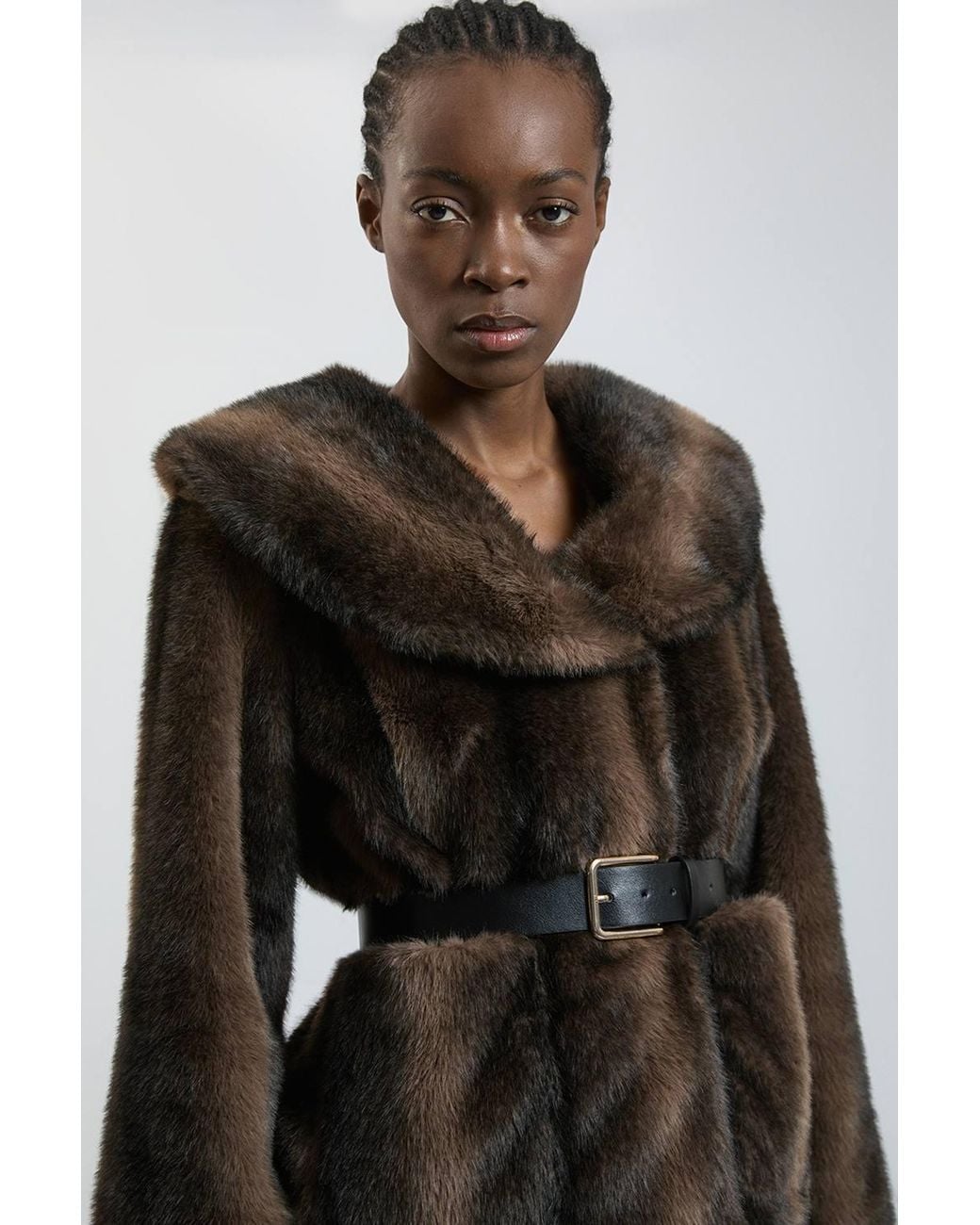 Karen Millen Black Faux Fur Oversize Collar Belted Short Coat