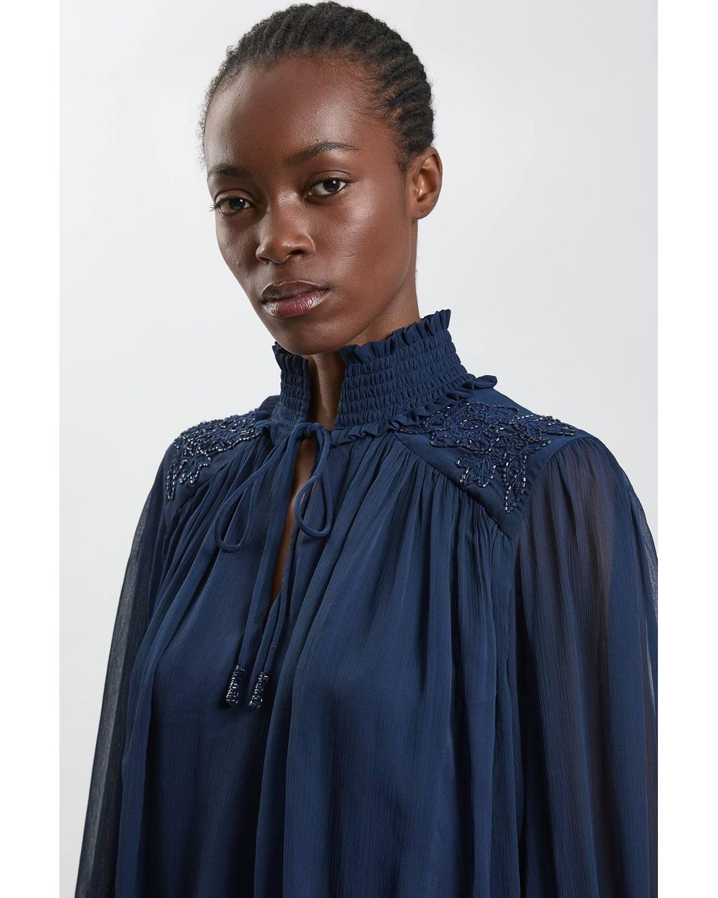 Karen Millen Blue Hand Embellished Georgette Blouse