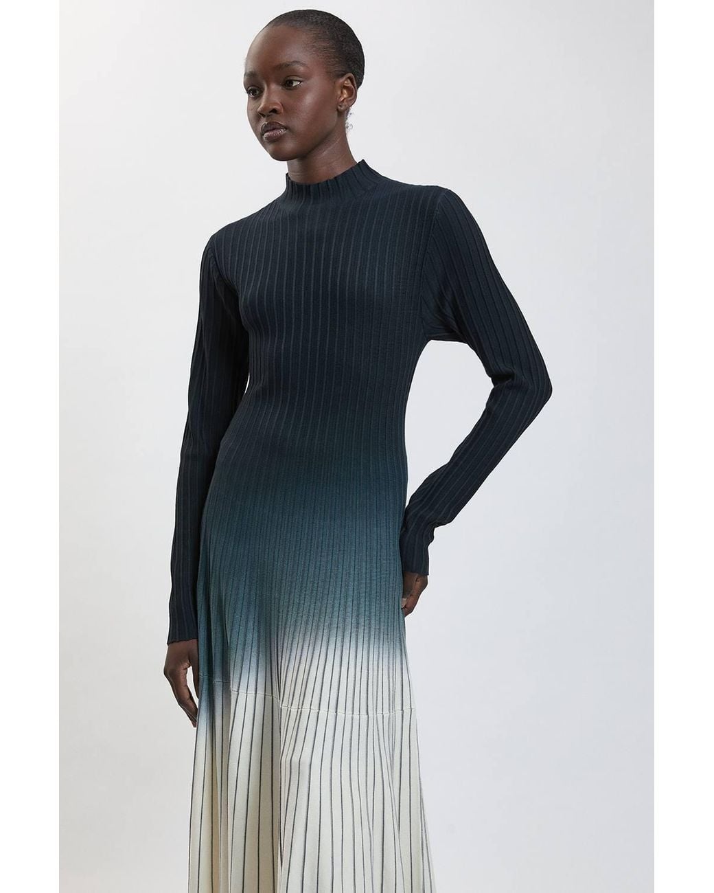 Karen Millen Blue Dip Dye Detail Long Sleeve Knitted Maxi Dress