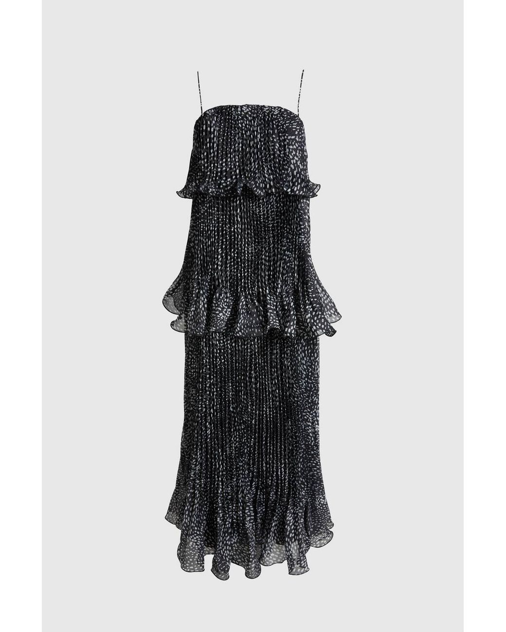 Karen Millen Black Spot Print Pleated Slub Organdie Peplum Woven Maxi Dress