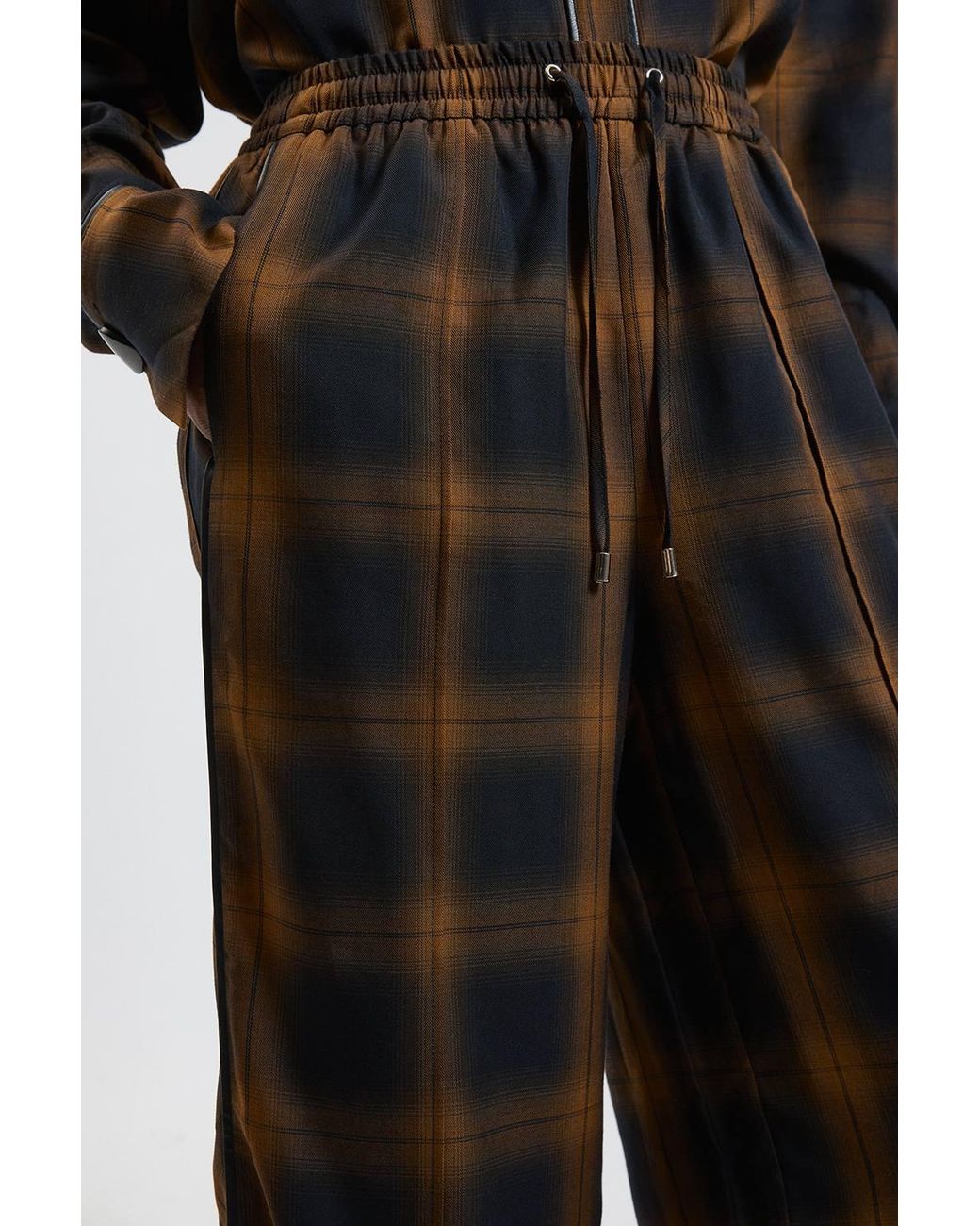 Karen Millen Brown Petite Check Pu Trim Detail Wide Leg Trouser