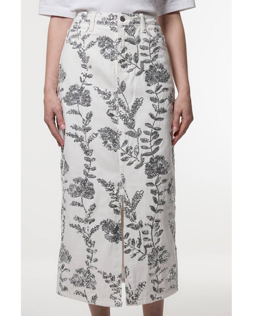 Karen Millen White Denim All Over Floral Sequin Skirt