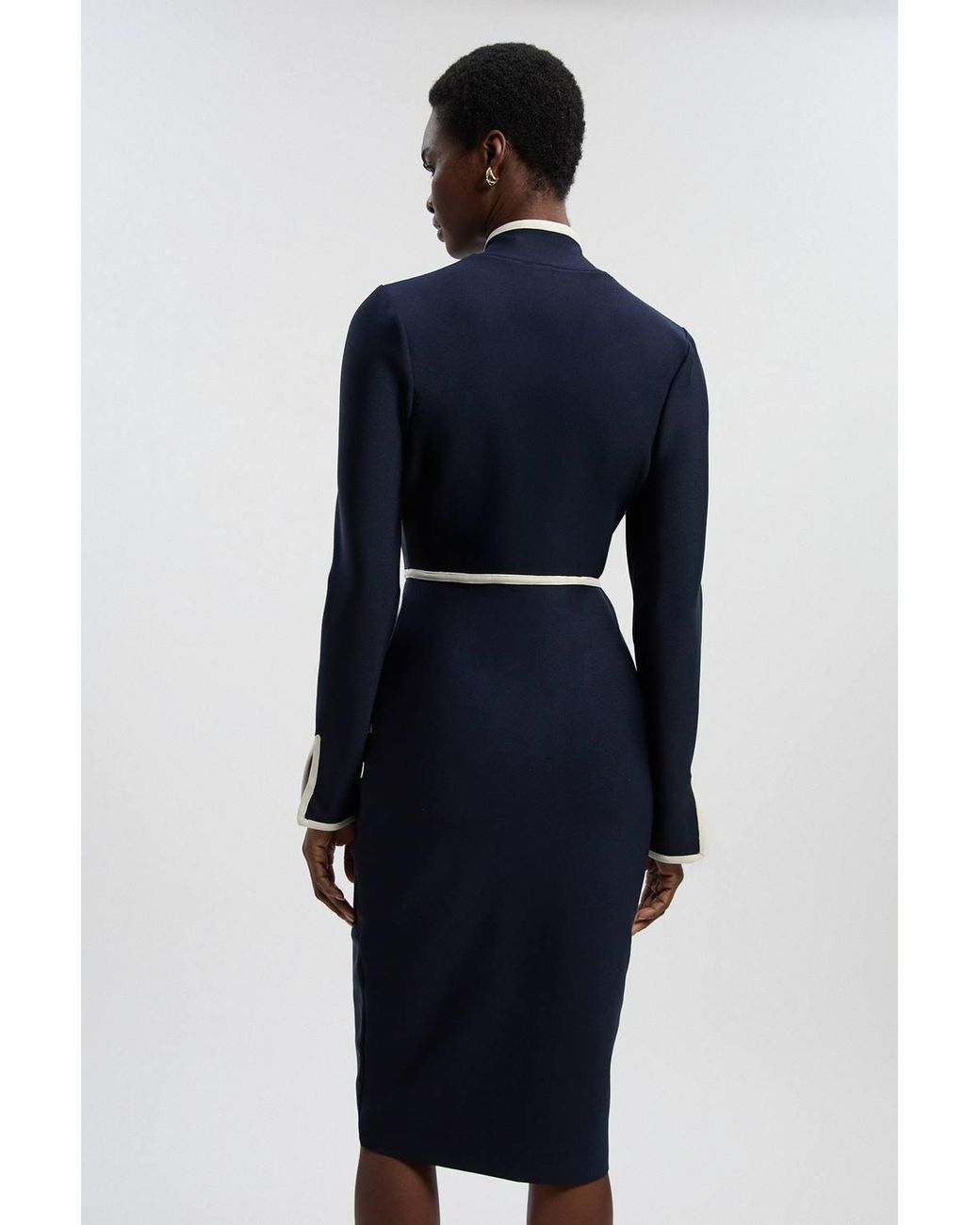 Karen Millen Blue Figure Form Bandage Knit Piping Detail Military Midi Dress