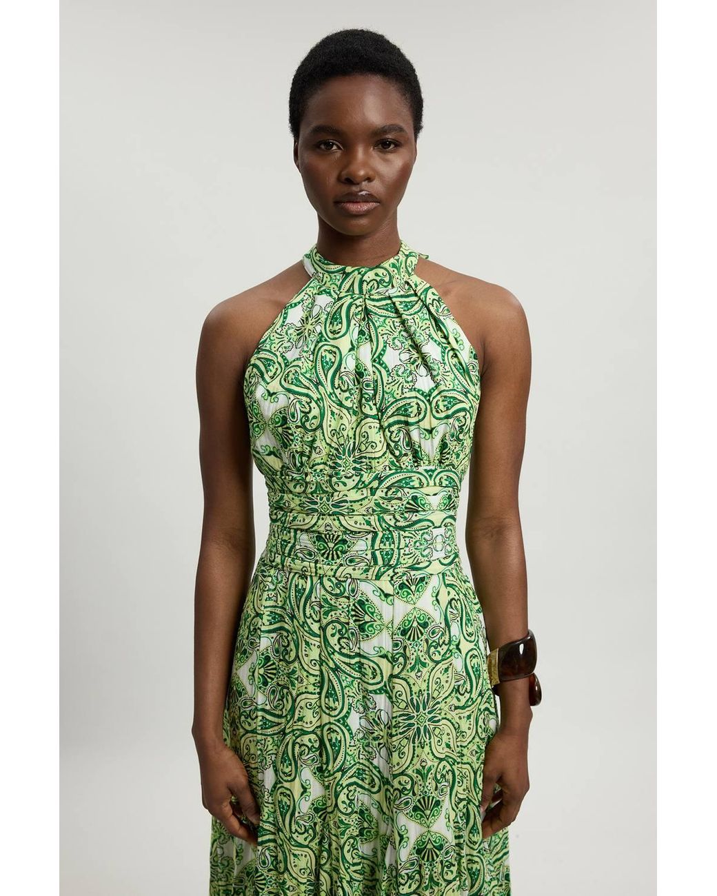 Karen Millen Green Double Cloth Tile Print Halterneck Midi Dress