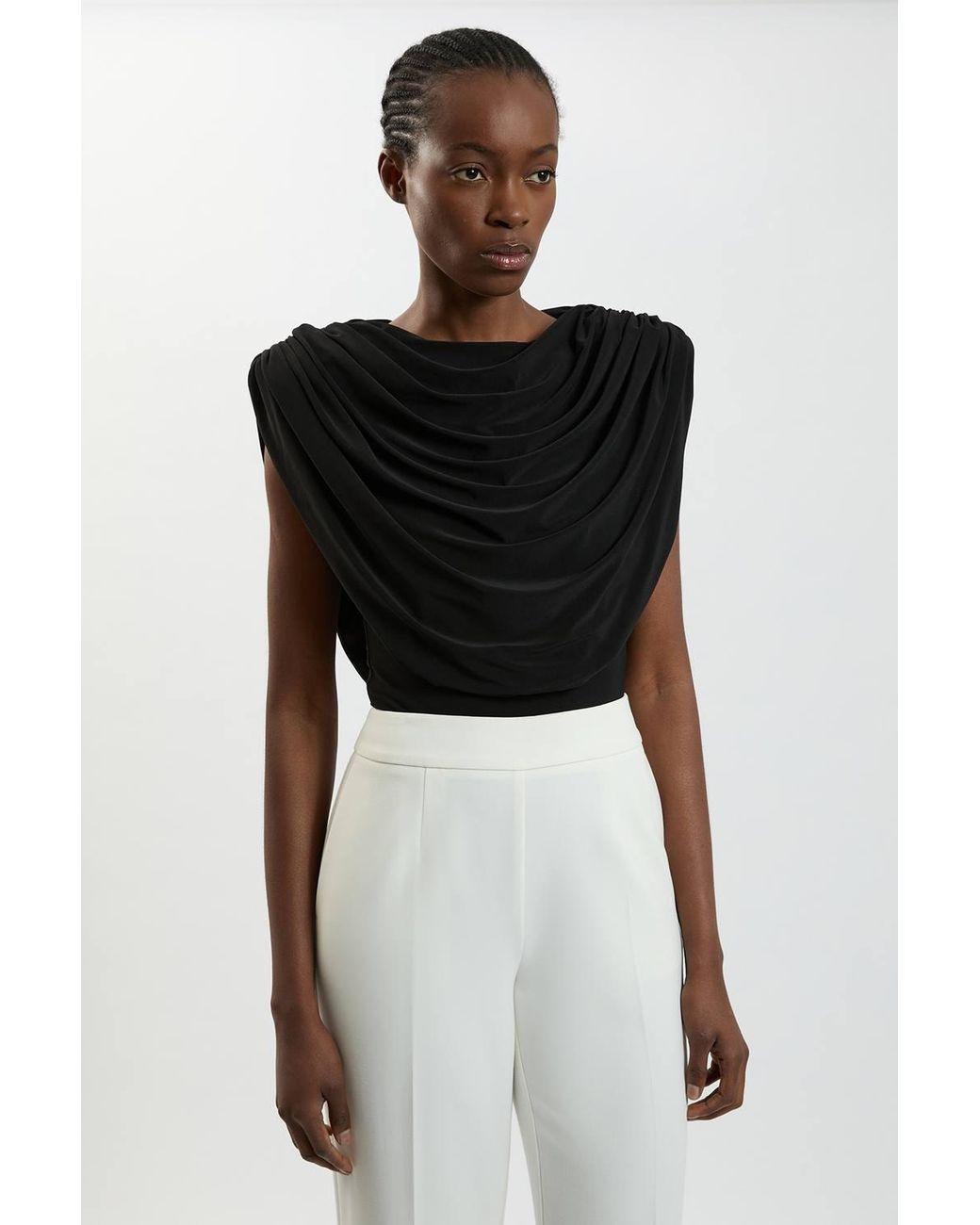 Karen Millen Black Cowl Neck Strong Shoulder Jersey Bodysuit