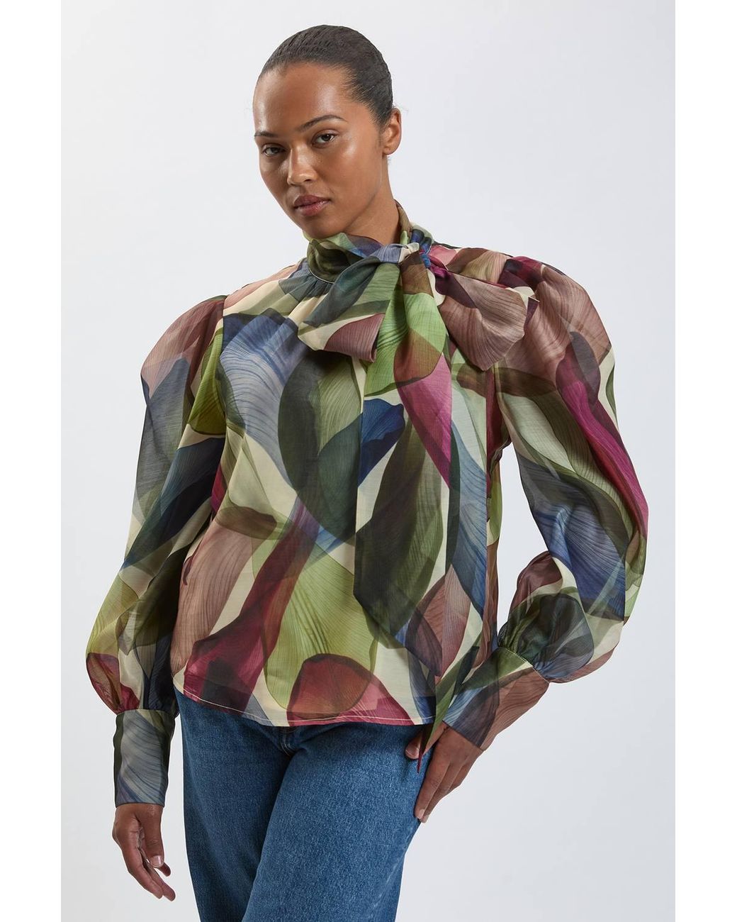 Karen Millen Multicolor Plus Size Petal Print Organza Pussybow Blouse