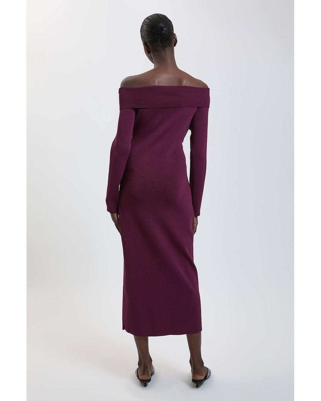 Karen Millen Purple Twist Front Viscose Knitted Bardot Midi Dress