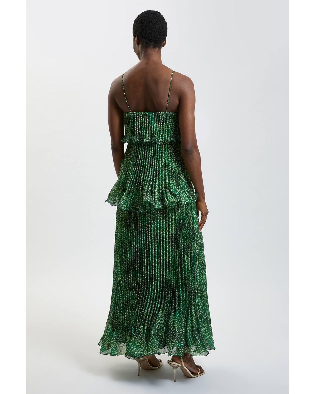 Karen Millen Green Petite Spot Print Pleated Slub Organdie Peplum Woven Maxi Dress