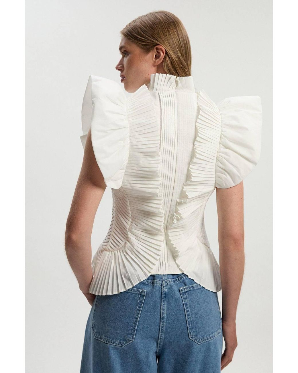 Karen Millen White Pleated Ruffle Sleeve Woven Top