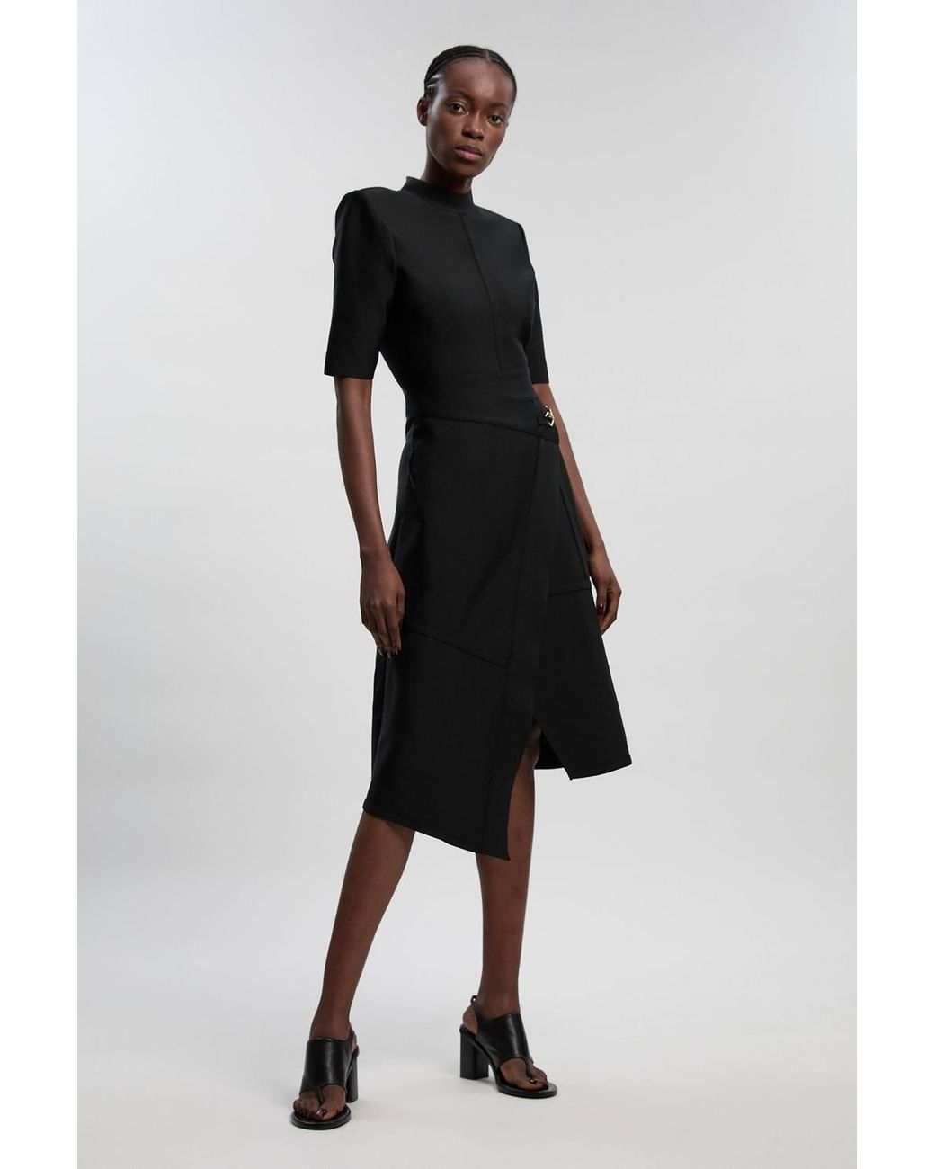 Karen Millen Black Figure Form Bandage Asymmetric Knit Midi Dress