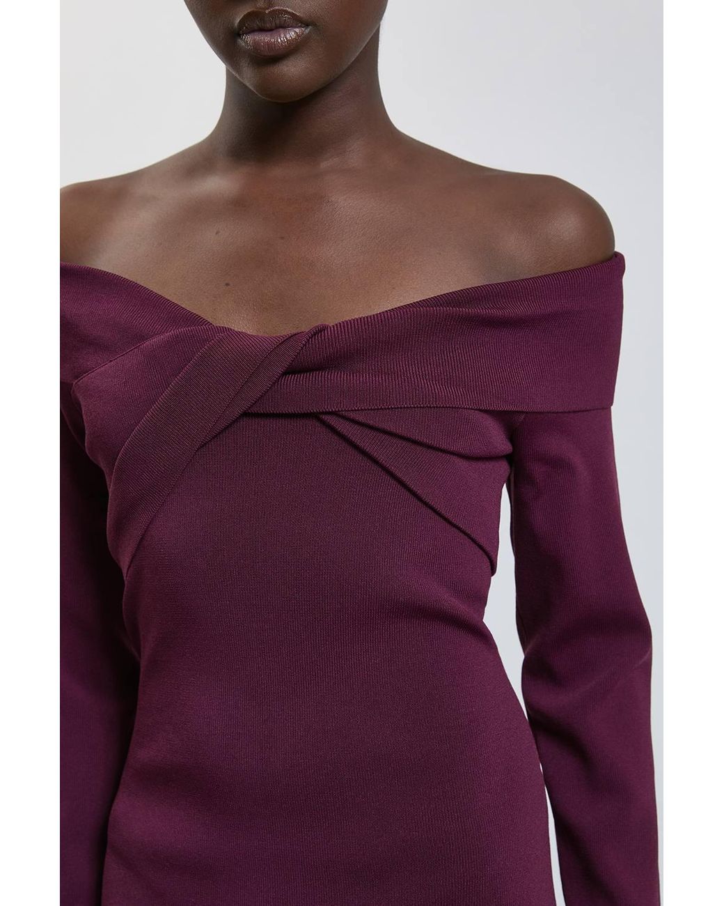 Karen Millen Purple Twist Front Viscose Knitted Bardot Midi Dress