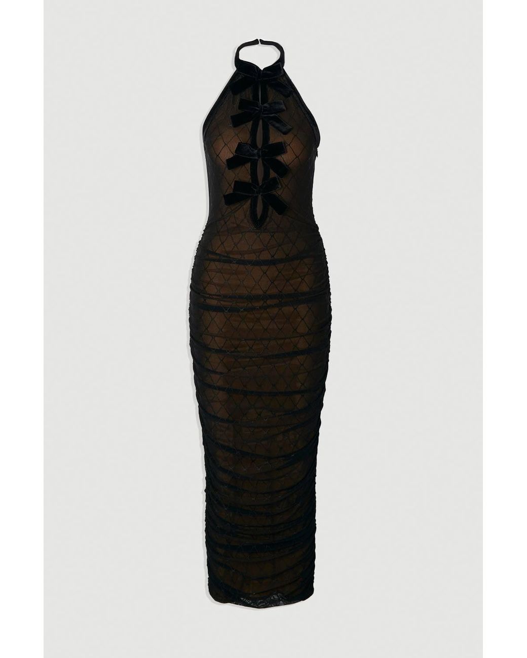 Karen Millen Black Mesh With Velvet Bow Trim Detail Halter Neck Midi Dress