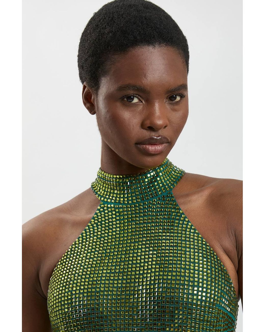 Karen Millen Green Premium Crystal Embellished Halter Neck Maxi Dress