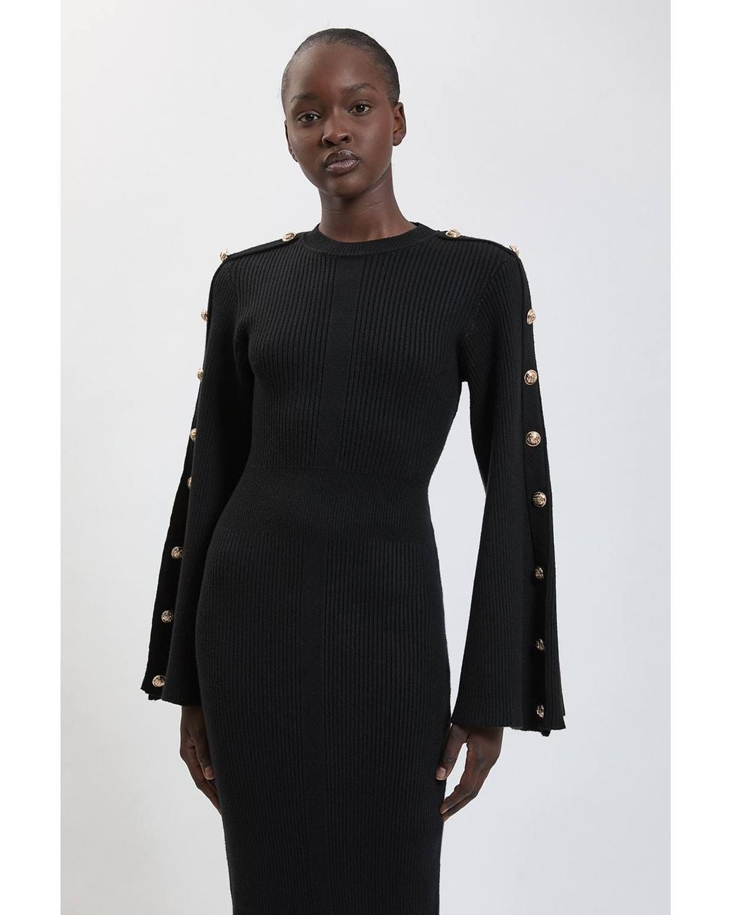 Karen Millen Black Military Button Up Sleeved Knitted Midi Dress