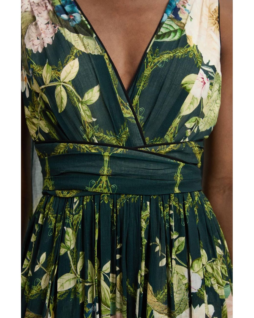 Karen Millen Green Crinkle Georgette Floral Print Halter Neck Woven Maxi Dress