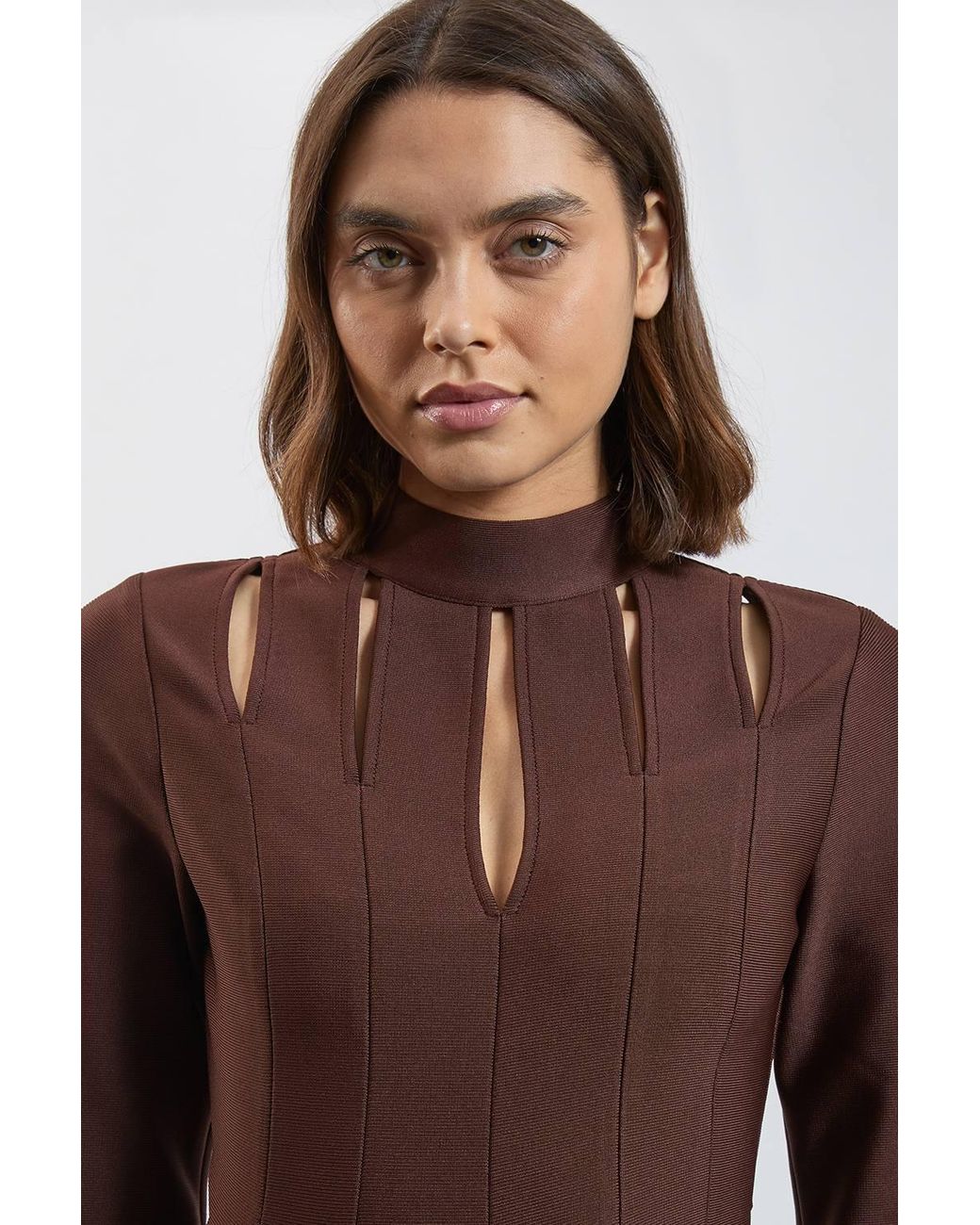 Karen Millen Brown Bandage Figure Form Cut Out Knitted Long Sleeved Top