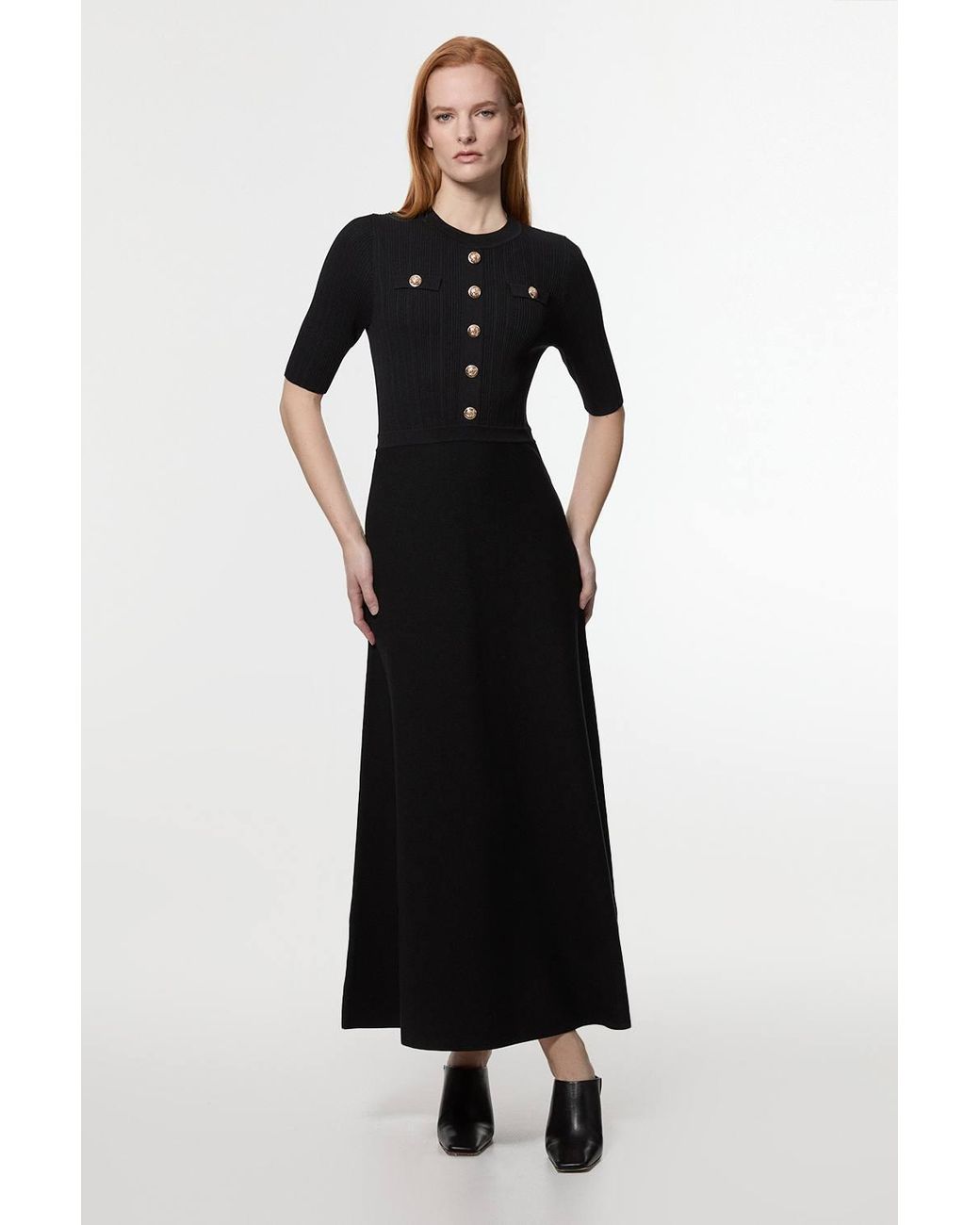 Karen Millen Black Petite Forever Rib Knit Military Trim Maxi Dress
