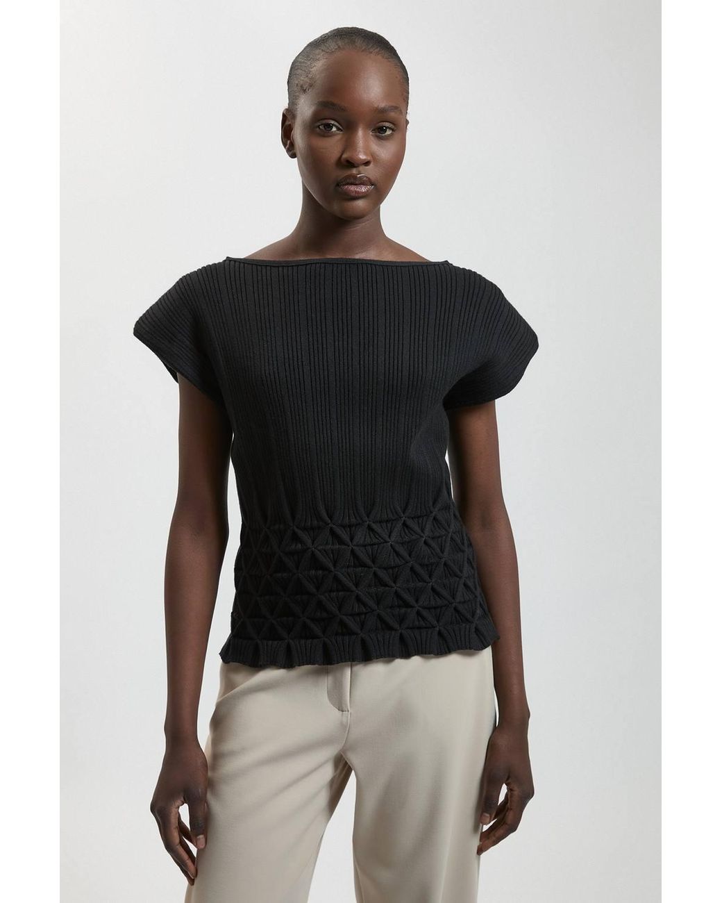 Karen Millen Black Ribbed Knit Power Shoulder Top With Manipulated Stitch Detail