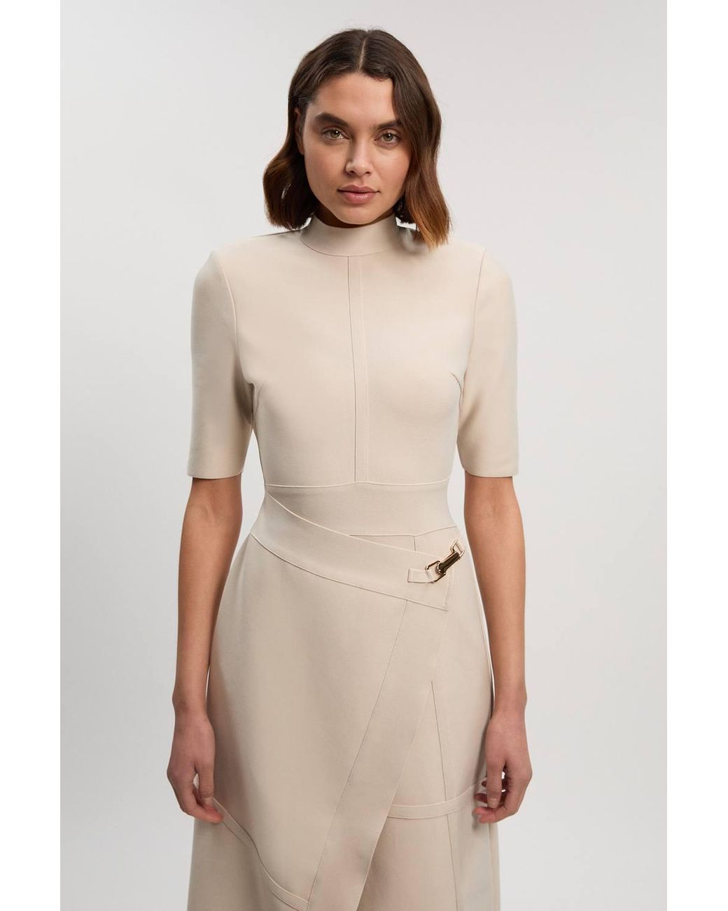 Karen Millen Natural Figure Form Bandage Asymmetric Knit Midi Dress