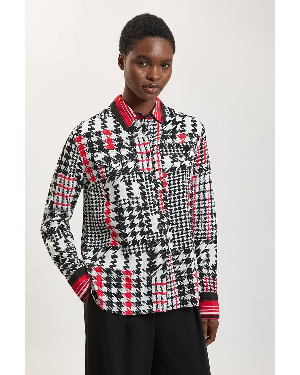 Karen Millen Red Dogtooth Print Viscose Woven Shirt