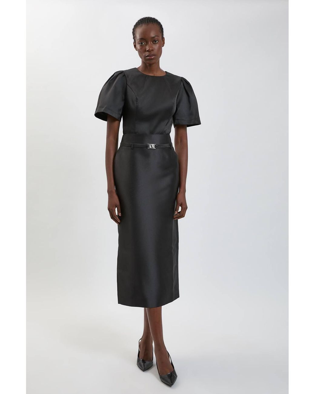 Karen Millen Black Satin Twill Belted Maxi Skirt