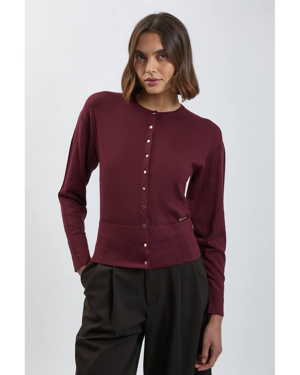 Karen Millen Purple Forever Viscose Blend Knitted Stitch Detail Balloon Sleeve Cardigan Sweater
